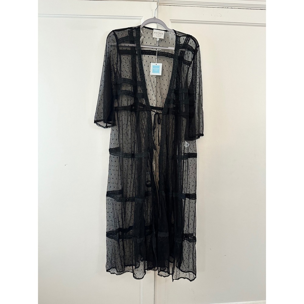 HAYDEN Black Swiss Dot Sheer Duster Kimono Robe Lace Trim M L